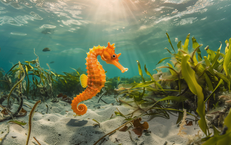 seahorse, underwater, ocean, sea, marine, fish, hippocampus, orange, yellow, nature, sunlight, aquatic life, seagrass, seaweed, marine ecosystem, delicate, graceful, hippocampus kuda, ai generated